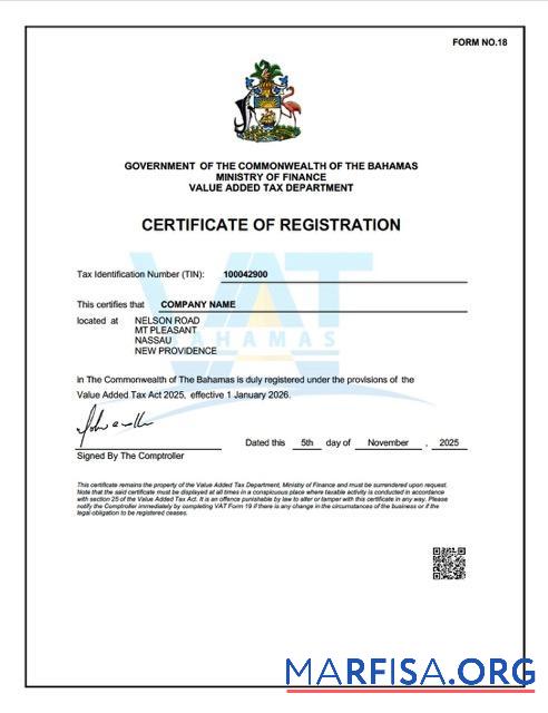 Realistic Bahamas VAT registration certificate Word and PDF template